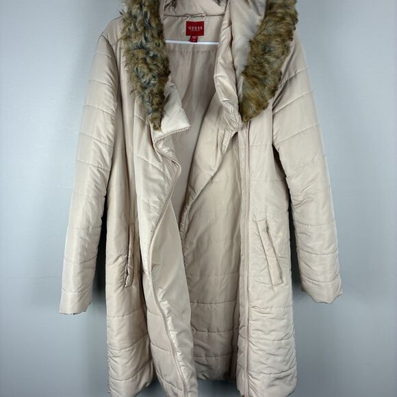 GUESS Hooded Puffer Coat Faux Fur Hood Women’s L Tan Jacket Insulated Y2K Winter - Picture 6 of 14